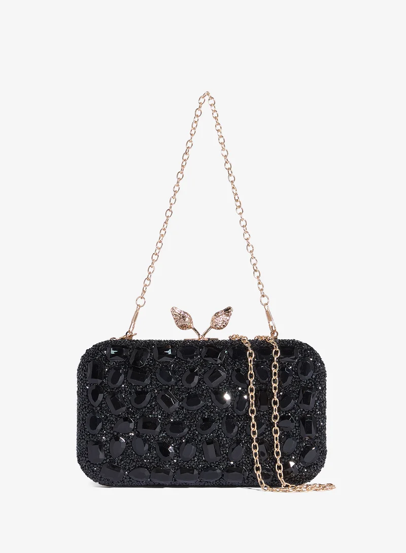 Jewel Embellished Detail Gold Accent Clutch